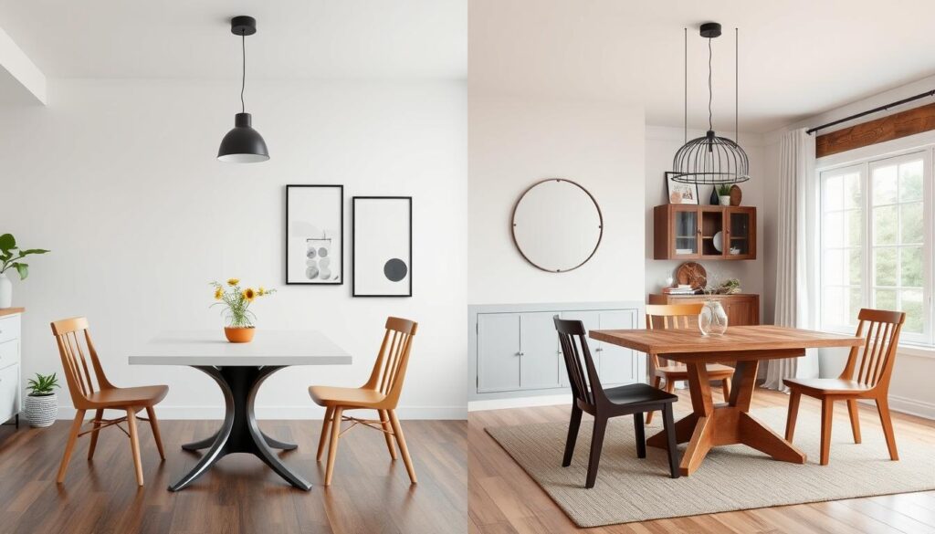 Vier verschillende interieurstijlen met bijpassende set 4 eetkamerstoelen Vier verschillende interieurstijlen met bijpassende set 4 eetkamerstoelen