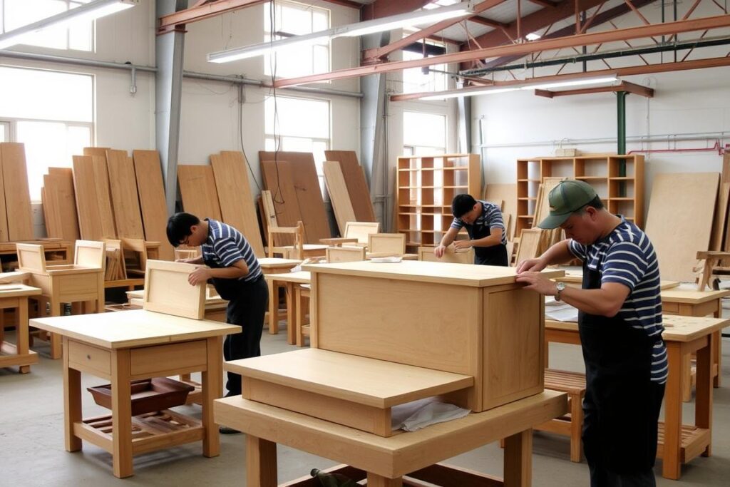 Vietnamese ambachtslieden die werken aan houten meubels voor Crate and Barrel Vietnamese ambachtslieden die werken aan houten meubels voor Crate and Barrel