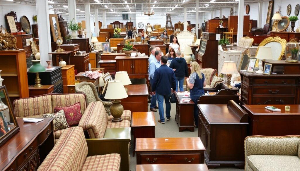 Vintage meubelmarkt met gerestaureerde stukken, toont alternatieven voor dure nieuwe meubels Vintage meubelmarkt met gerestaureerde stukken, toont alternatieven voor dure nieuwe meubels