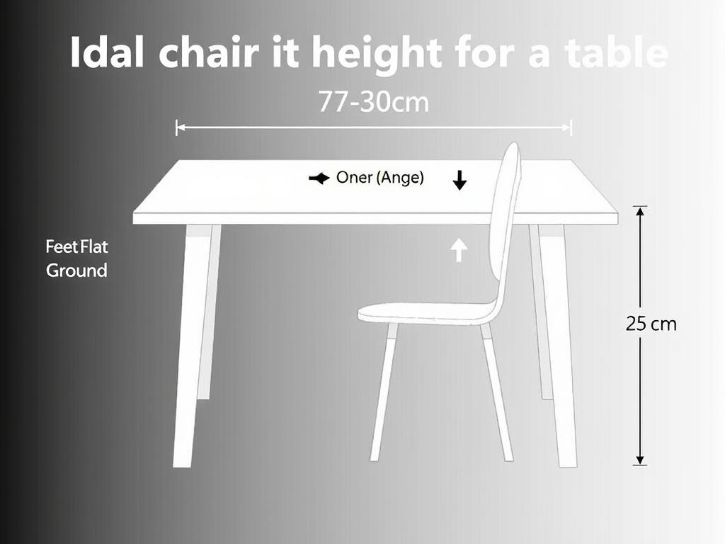 Visuele weergave van de berekening voor ideale zithoogte bij een tafel van 77 cm Visuele weergave van de berekening voor ideale zithoogte bij een tafel van 77 cm