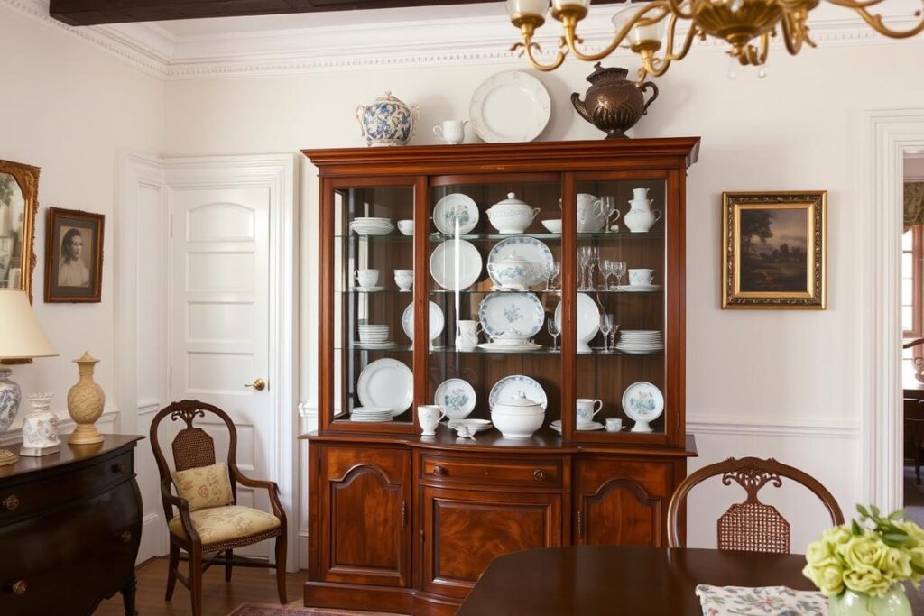 Vitrinekast met servies en decoratieve items in eetkamer