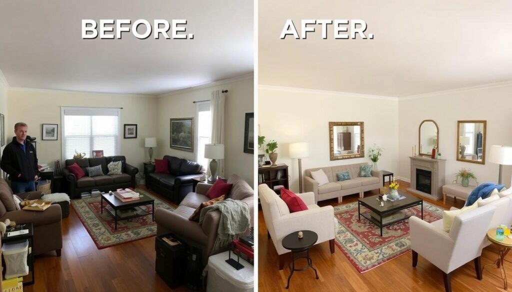 Voor en na transformatie van een kleine woonkamer die nu groter lijkt Voor en na transformatie van een kleine woonkamer die nu groter lijkt