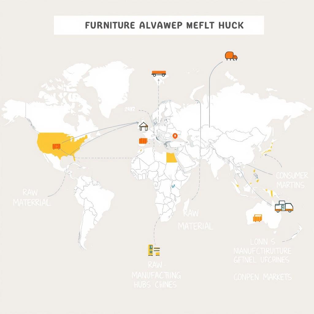 Wereldkaart met pijlen die de internationale toeleveringsketen voor meubels illustreren, beïnvloedt levertijd van meubels Wereldkaart met pijlen die de internationale toeleveringsketen voor meubels illustreren, beïnvloedt levertijd van meubels