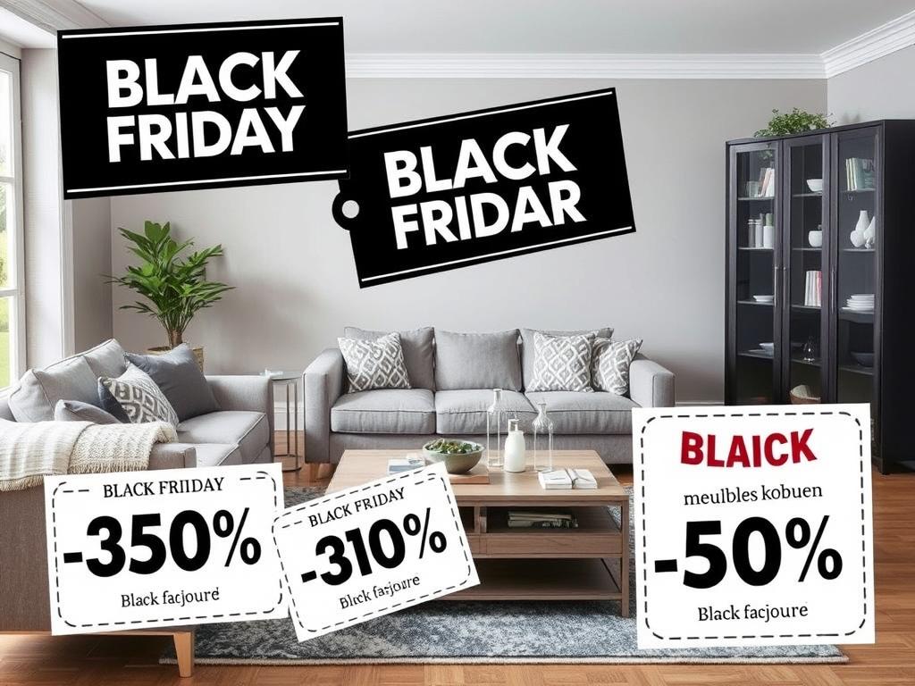 Woonkamer met Black Friday kortingslabels op verschillende meubels Woonkamer met Black Friday kortingslabels op verschillende meubels