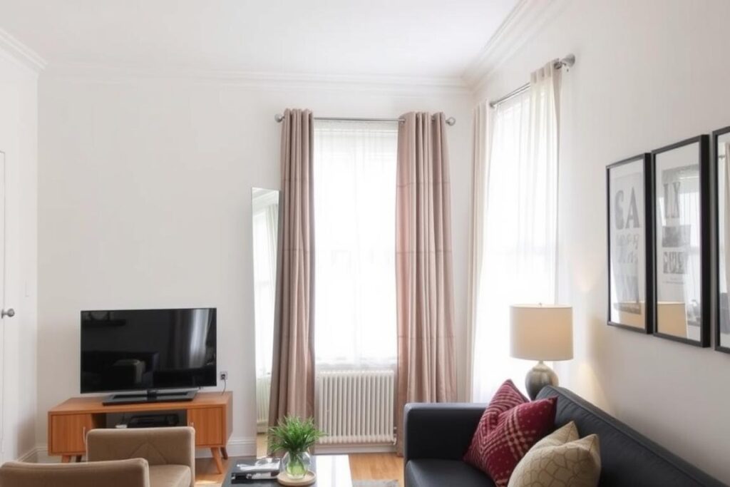 Woonkamer met grote spiegel die licht reflecteert en de ruimte groter laat lijken Woonkamer met grote spiegel die licht reflecteert en de ruimte groter laat lijken