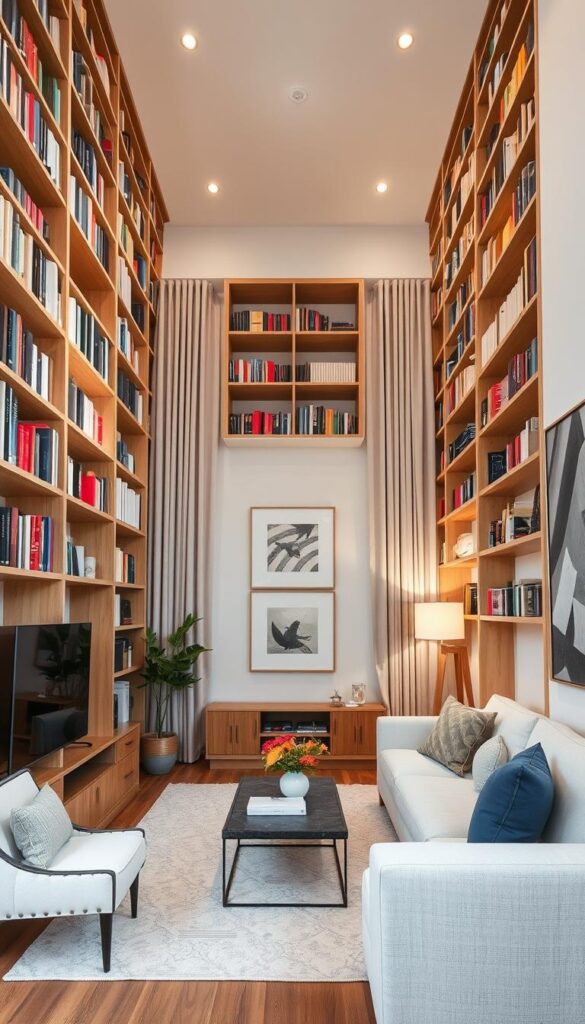 Woonkamer met hoge boekenkasten en verticale elementen die de ruimte hoger laten lijken Woonkamer met hoge boekenkasten en verticale elementen die de ruimte hoger laten lijken