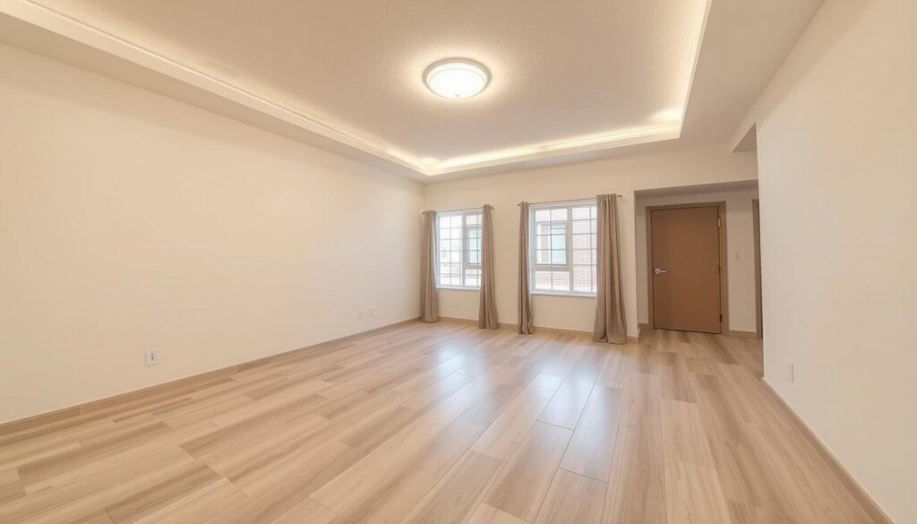 Woonkamer met lichte vloer en bijzonder plafond dat de aandacht trekt Woonkamer met lichte vloer en bijzonder plafond dat de aandacht trekt