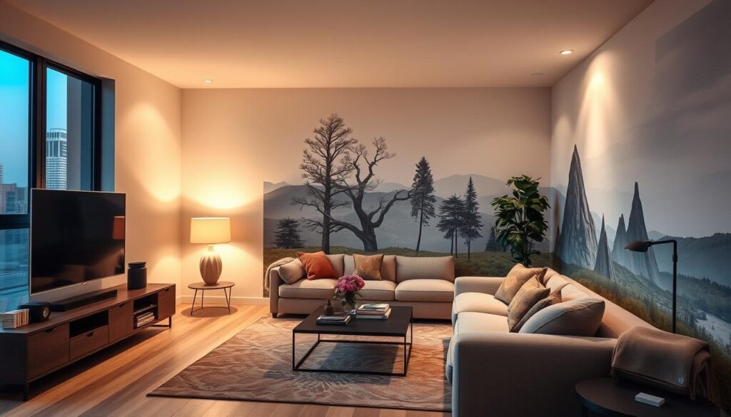 Woonkamer met optische illusies zoals een doorkijk naar buiten die de ruimte groter laat lijken Woonkamer met optische illusies zoals een doorkijk naar buiten die de ruimte groter laat lijken