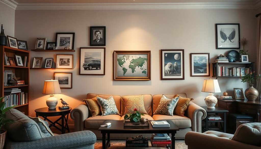 Woonkamer met persoonlijke items zoals fotolijsten, souvenirs en boeken die karakter geven Woonkamer met persoonlijke items zoals fotolijsten, souvenirs en boeken die karakter geven