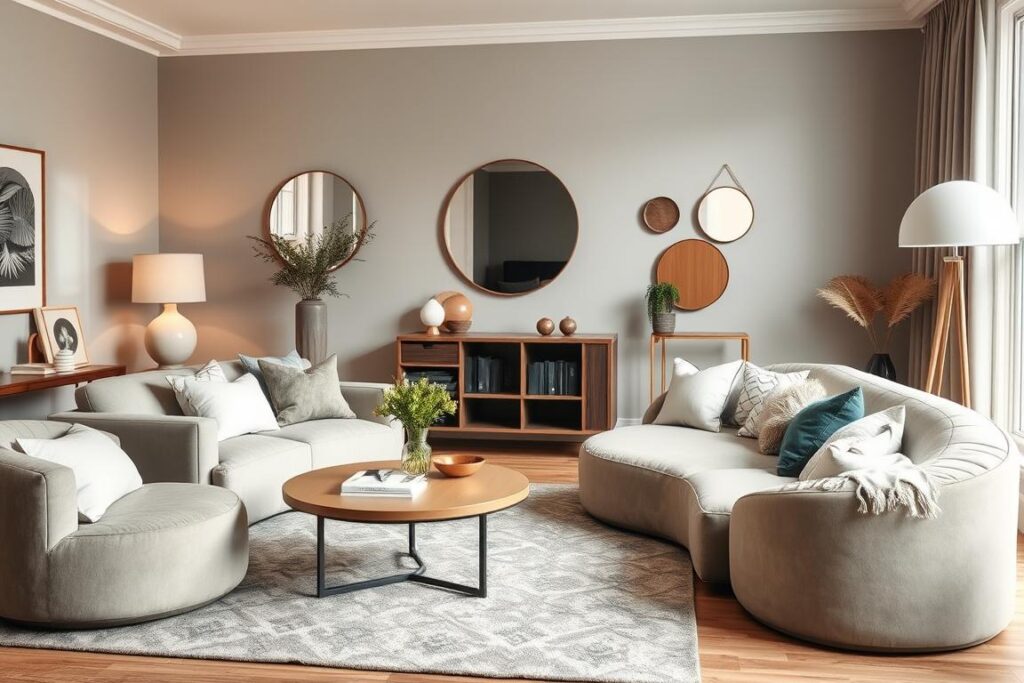 Woonkamer met ronde meubels en accessoires zoals een ronde salontafel, poef en spiegels Woonkamer met ronde meubels en accessoires zoals een ronde salontafel, poef en spiegels