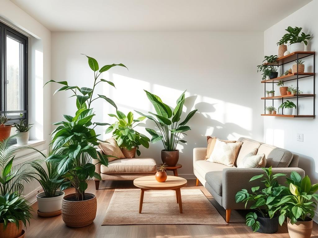 Woonkamer met verschillende kamerplanten die zorgen voor een levendige en gezellige sfeer Woonkamer met verschillende kamerplanten die zorgen voor een levendige en gezellige sfeer
