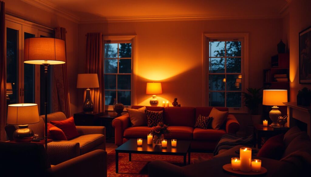 Woonkamer met verschillende lichtbronnen zoals staande lamp, tafellamp en kaarsen voor een gezellige sfeer Woonkamer met verschillende lichtbronnen zoals staande lamp, tafellamp en kaarsen voor een gezellige sfeer