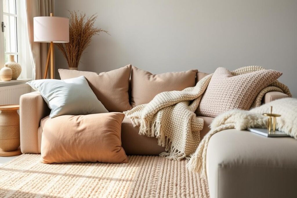 Woonkamer met verschillende texturen zoals kussens, plaids en een vloerkleed die de ruimte gezelliger maken Woonkamer met verschillende texturen zoals kussens, plaids en een vloerkleed die de ruimte gezelliger maken