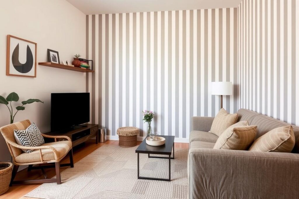 Woonkamer met verticale strepen op een muur die de ruimte hoger laten lijken Woonkamer met verticale strepen op een muur die de ruimte hoger laten lijken