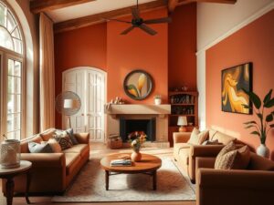 Woonkamer met warme kleuren zoals terracotta en beige die een gezellige sfeer creëren