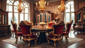 Ronde houten eettafel omringd door barok eetkamerstoelen met rode bekleding en gouden accenten.