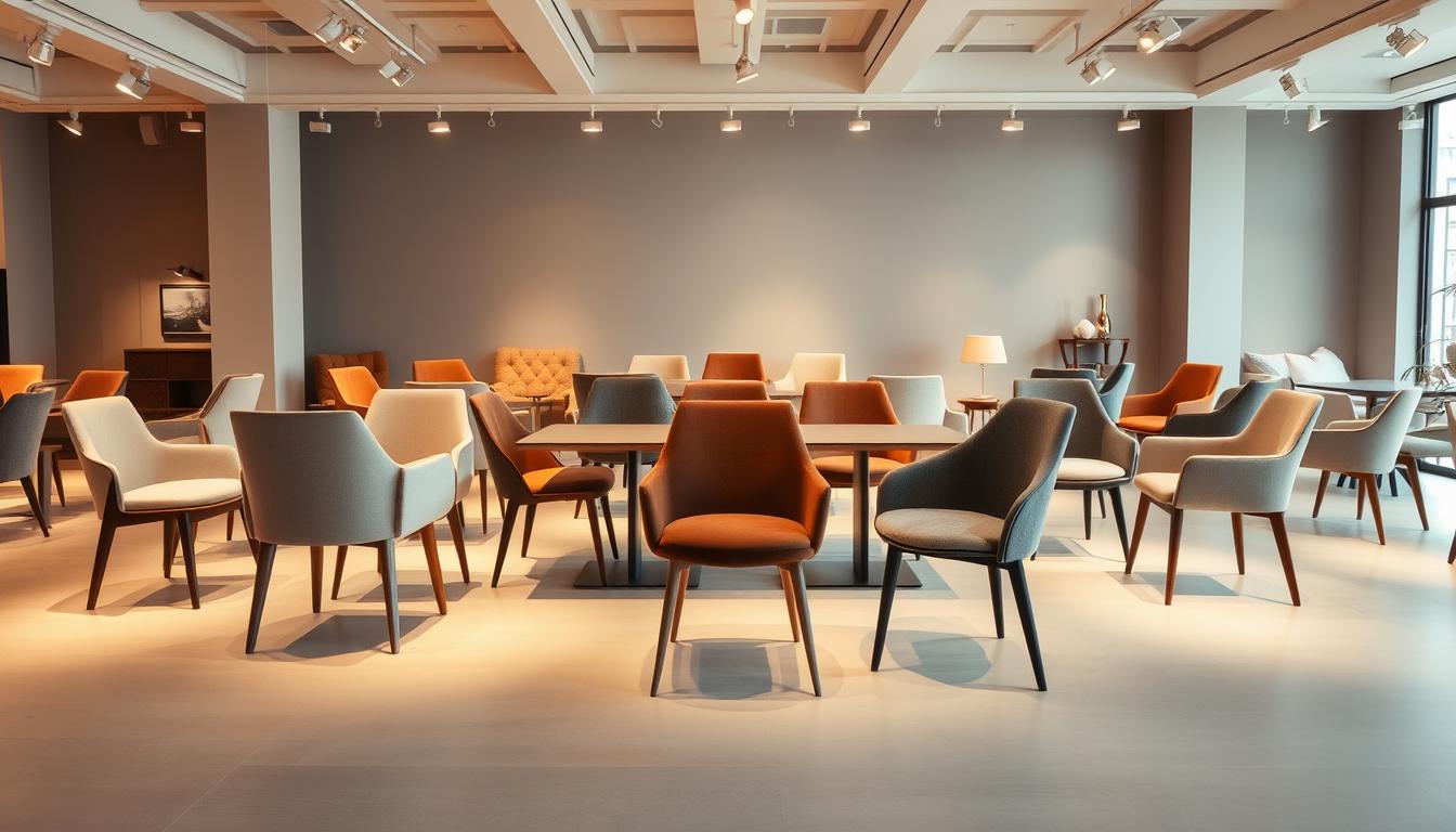 Een showroom met verschillende eetkamerstoelen in diverse kleuren en stijlen, opgesteld rond een tafel.