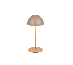 De Reality Tafellamp Ortiz is een moderne, minimalistische tafellamp met een ronde voet, slanke verticale steel en koepelvormige kap in lichtbruin/beige, die warm licht uitstraalt.