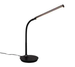 De REALITY Tafellamp TORO is een moderne zwarte bureaulamp met een slanke, gebogen hals, een langwerpige LED-lichtbalk die een warme gloed uitstraalt en een ronde voet met aanraakbediening.