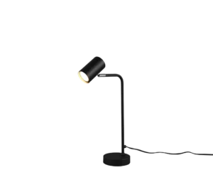 De TRIO Tafellamp MARLEY is een moderne zwarte bureaulamp met een cilindervormige kap die schuin naar beneden staat, op een ronde voet met een naar rechts uittrekbaar netsnoer. De lamp is ingeschakeld en werpt licht vanuit de kap.