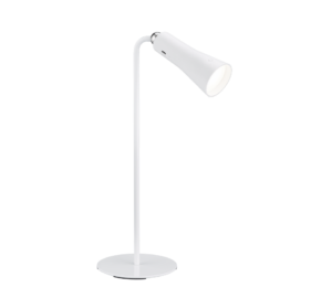 De REALITY Tafellamp MAXI is een moderne witte bureaulamp met een slanke, gebogen voet en conische kap op een ronde voet. Het minimalistische ontwerp biedt stijlvolle verlichting.
