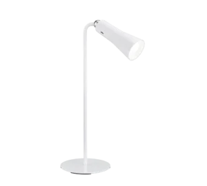 De REALITY Tafellamp MAXI is een moderne witte bureaulamp met een slanke, gebogen voet en conische kap op een ronde voet. Het minimalistische ontwerp biedt stijlvolle verlichting.