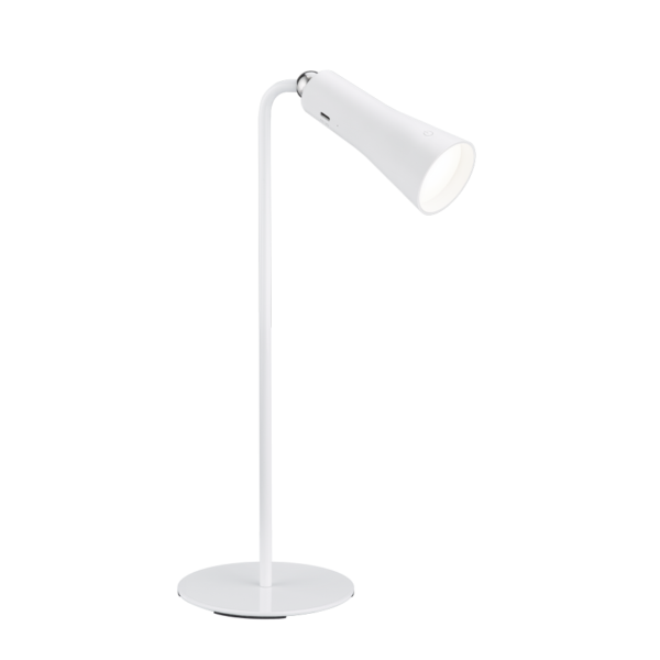 De REALITY Tafellamp MAXI is een moderne witte bureaulamp met een slanke, gebogen voet en conische kap op een ronde voet. Het minimalistische ontwerp biedt stijlvolle verlichting.