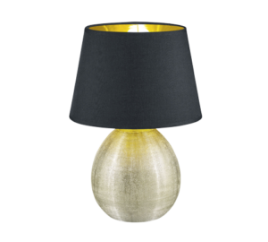 De REALITY Tafellamp LUXOR heeft een gestructureerde, ronde gouden voet gecombineerd met een zwarte lampenkap die aan de binnenkant is bekleed met metallic goud.