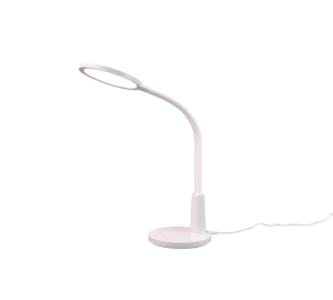 De Reality Tafellamp Sally is een moderne witte bureaulamp met een ronde voet, flexibele hals en cirkelvormig LED-licht, gevoed door een zichtbaar snoer dat uit de voet steekt.