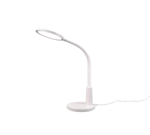 De Reality Tafellamp Sally is een moderne witte bureaulamp met een ronde voet, flexibele hals en cirkelvormig LED-licht, gevoed door een zichtbaar snoer dat uit de voet steekt.