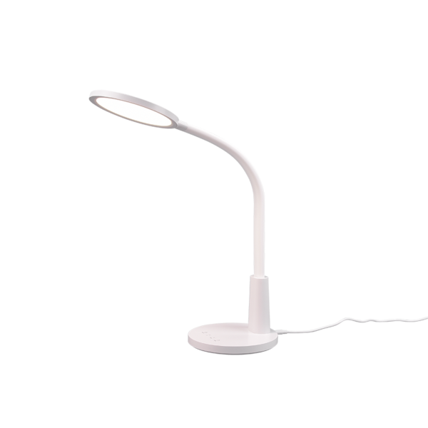 De Reality Tafellamp Sally is een moderne witte bureaulamp met een ronde voet, flexibele hals en cirkelvormig LED-licht, gevoed door een zichtbaar snoer dat uit de voet steekt.