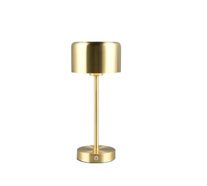 De REALITY Tafellamp JEFF is een moderne gouden tafellamp met een cilindrische kap, rechte centrale steel, ronde voet en tiptoets, afgebeeld tegen een effen witte achtergrond.