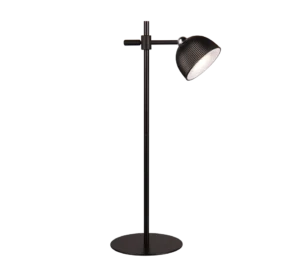 De REALITY Tafellamp MAXIMA is een moderne zwarte vloerlamp met een ronde voet en een verstelbare metalen kap die schuin naar beneden staat, met een strak, minimalistisch ontwerp.