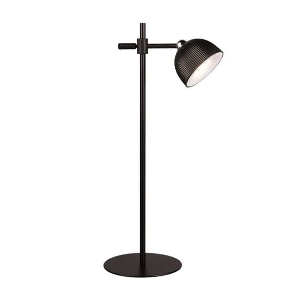 De REALITY Tafellamp MAXIMA is een moderne zwarte vloerlamp met een ronde voet en een verstelbare metalen kap die schuin naar beneden staat, met een strak, minimalistisch ontwerp.