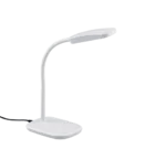 De REALITY Tafellamp BOA is een moderne witte bureaulamp met een gebogen hals, een rechthoekige kop, een platte voet met aanraakbediening en een zichtbaar zwart netsnoer.