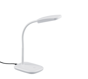 De REALITY Tafellamp BOA is een moderne witte bureaulamp met een gebogen hals, een rechthoekige kop, een platte voet met aanraakbediening en een zichtbaar zwart netsnoer.