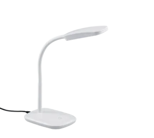 De REALITY Tafellamp BOA is een moderne witte bureaulamp met een gebogen hals, een rechthoekige kop, een platte voet met aanraakbediening en een zichtbaar zwart netsnoer.