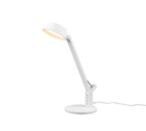 De TRIO Tafellamp Ava L is een moderne witte bureaulamp met een verstelbare arm, verlichte ronde lampenkap en ronde voet. Een netsnoer steekt uit de voet en de lamp staat op een effen witte achtergrond.