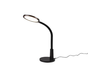 De REALITY Tafellamp SALLY is een moderne zwarte bureaulamp met een ronde LED-lamp, flexibele hals, ronde voet en een zichtbaar netsnoer voor plug-in gebruik.
