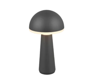 De Reality Tafellamp FUNGO is een moderne, matzwarte lamp met een paddenstoelvormige lampenkap en cilindrische voet, die zacht, warm licht geeft van onder de kap.