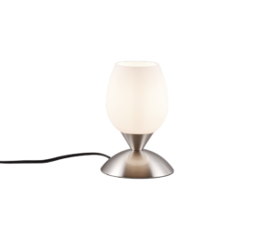 De REALITY Tafellamp CUP II, met een matwitte glazen kap en metalen voet met een zwart netsnoer, staat op een grijs oppervlak tegen een effen grijze achtergrond.