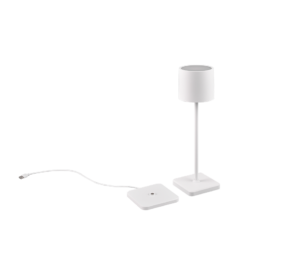 De Reality Tafellamp Fernandez is een moderne witte tafellamp met een cilindrische kap en vierkante voet, afgebeeld naast een apart wit rechthoekig apparaat en netsnoer op een witte achtergrond.