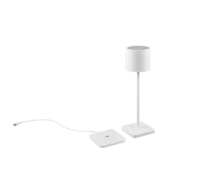 De Reality Tafellamp Fernandez is een moderne witte tafellamp met een cilindrische kap en vierkante voet, afgebeeld naast een apart wit rechthoekig apparaat en netsnoer op een witte achtergrond.