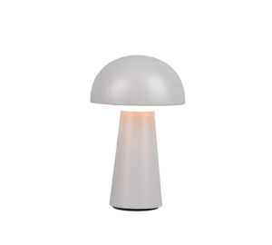 De REALITY Tafellamp LENNON is een moderne witte tafellamp met een koepelvormige kap en taps toelopende cilindrische voet, die zacht warm licht geeft.