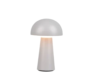 De REALITY Tafellamp LENNON is een moderne witte tafellamp met een koepelvormige kap en taps toelopende cilindrische voet, die zacht warm licht geeft.