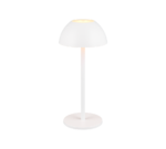 De REALITY Tafellamp RICARDO is een moderne witte tafellamp met een koepelvormige kap, rechte cilindrische steel en ronde voet. Als de lamp aanstaat, straalt hij zacht licht uit vanuit de bovenkant van de kap.