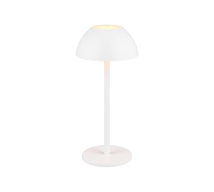De REALITY Tafellamp RICARDO is een moderne witte tafellamp met een koepelvormige kap, rechte cilindrische steel en ronde voet. Als de lamp aanstaat, straalt hij zacht licht uit vanuit de bovenkant van de kap.