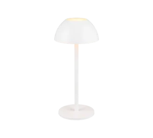 De REALITY Tafellamp RICARDO is een moderne witte tafellamp met een koepelvormige kap, rechte cilindrische steel en ronde voet. Als de lamp aanstaat, straalt hij zacht licht uit vanuit de bovenkant van de kap.