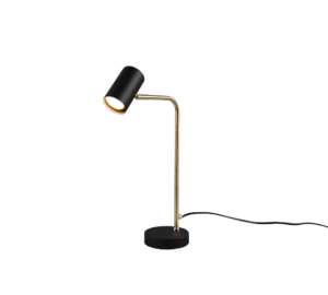 De TRIO Tafellamp MARLEY is een moderne zwart-gouden bureaulamp met een cilindrische kap, gebogen metalen steel, ronde voet en een zichtbaar zwart netsnoer.