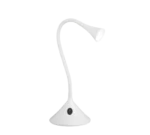 De REALITY Tafellamp VIPER is een moderne witte bureaulamp met een flexibele, gebogen hals, een conische lampenkap en een ronde voet met één zwarte knop.